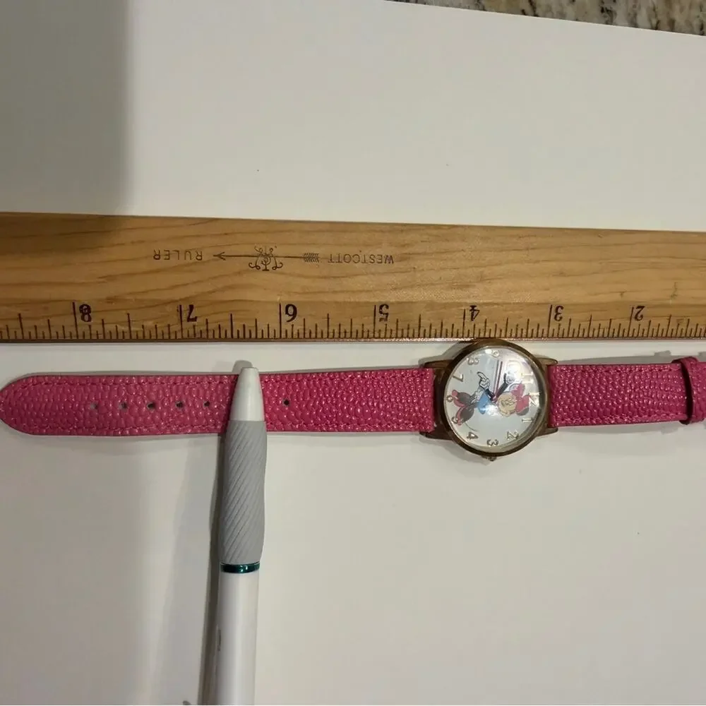 Pink Disney Minnie Mouse Watch Pink Genuine Leather Buckle Band Gold Tone